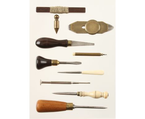 Nine quality miniature tools as illustrated with ivory, rosewood and boxwood handles, the longest 5" G++