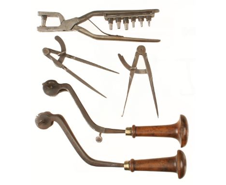 Six saddler's and harness makers tools incl. shoulder wheel pricker with 5 wheels, shoulder vein, pliers punch with 7 punches