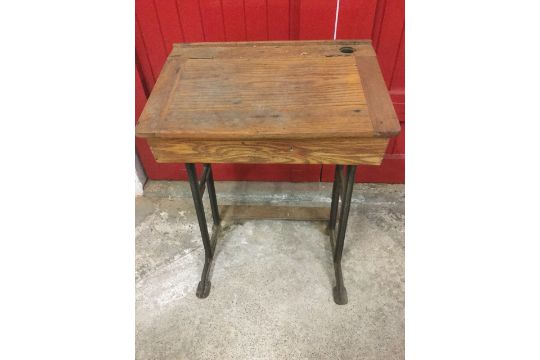 A Childs Oak School Desk The Cleated Angled Top Below A Pen