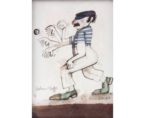 AN INK DRAWING BY GRAHAM CLARKE of a cricketer bowling highlighted in watercolor &ndash; inscribed on reserve Boules II For B