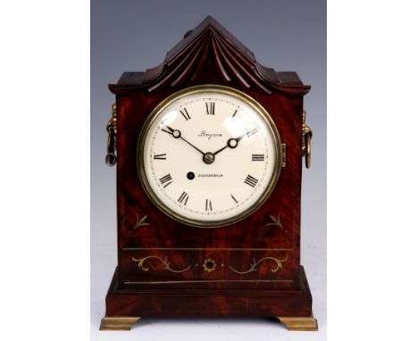 BRYSON, EDINBURGH A REGENCY FLAMED MAHOGANY AND BRASS INLAID TIMEPIECE BRACKET CLOCK with carved pagoda top and floral inlaid