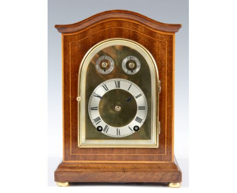 A SMALL EARLY 20th CENTURY GERMAN MAHOGANY MANTEL CLOCK BY WINTERHALDER &amp; HOFMEIER the case with boxwood inlay enclosing 