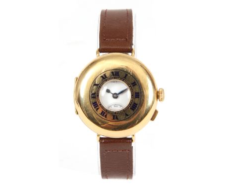 AN EARLY 20th CENTURY GENTLEMANS 18CT GOLD HALF HUNTER WRIST WATCH SIGNED MAPPIN with spring loaded cover revealing an enamel