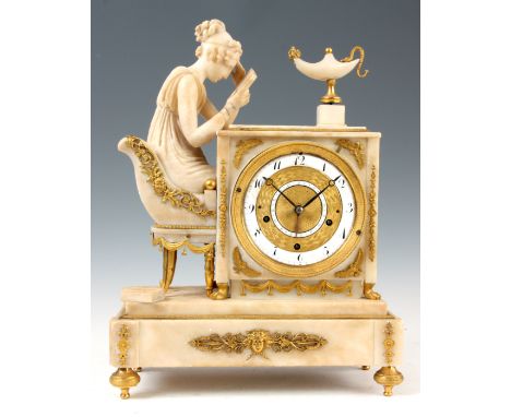 A LOUIS XVI FRENCH GRAND SONNERIE WHITE MARBLE MANTEL CLOCK modelled as a seated young woman reading a book with high quality