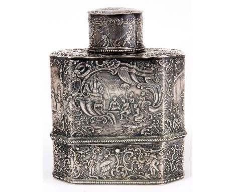 AN UNUSUAL EARLY 19TH CENTURY CONTINENTAL SILVERED TEA CADDY with hinged base enclosing a Verge escapement Watch Movement wit