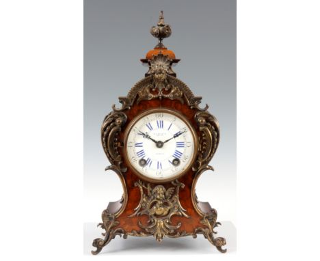 A  LATE 19th CENTURY BURR WALNUT LENZKIRCH MANTEL CLOCK the balloon shaped case with pediment top and applied ormolu mounts e