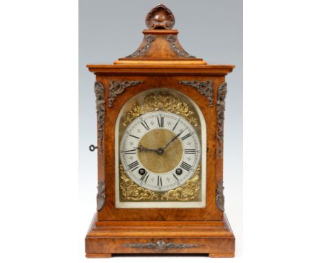 A LATE 19th CENTURY BURR WALNUT LENZKIRCH QUARTER CHIMING BRACKET CLOCK the case with carved bell top and brass urn finials a