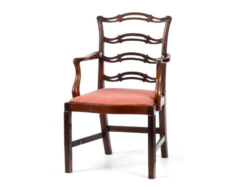 A GEORGE III MAHOGANY&nbsp;OPEN ARMCHAIR with ladder open back and carved arms, drop-in seat and standing on moulded square l