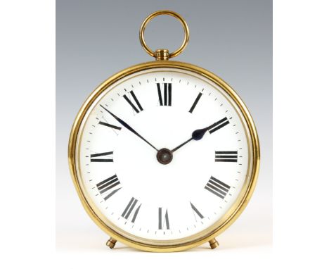 AN EARLY 20th CENTURY FRENCH BRASS DRUM CASED MANTEL CLOCK with carrying handle to the top enclosing a 5&rdquo; porcelain dia