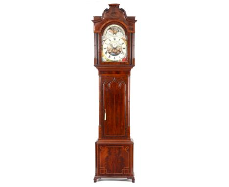 EDWARD SHEPLEY, MANCHESTER A RARE LATE GEORGIAN FOUR TRAIN MUSICAL AND TIDAL LONGCASE CLOCK the flamed mahogany case with swa