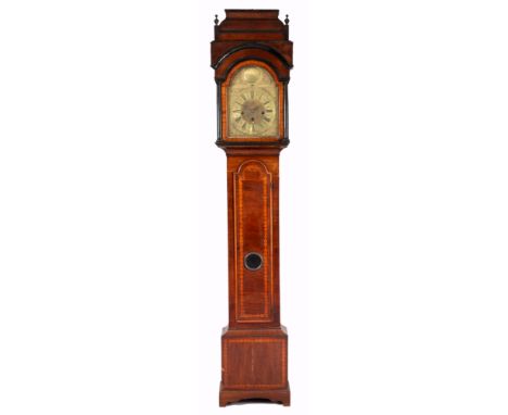 THOMAS HALLY, GLASGOW AN EARLY 18TH CENTURY INLAID WALNUT THREE TRAIN LONGCASE CLOCK with caddy top and narrow trunk arched t