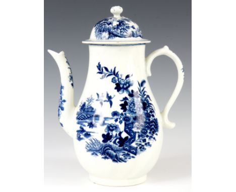 AN 18TH CENTURY FIRST PERIOD WORCESTER COFFEE POT AND COVER decorated with landscape scenes signed with the crescent moon to 