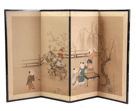 AN EARLY 19th CENTURY CHINESE FOLDING SCREEN painted with young boys playing in a garden setting, character marks to lower ri