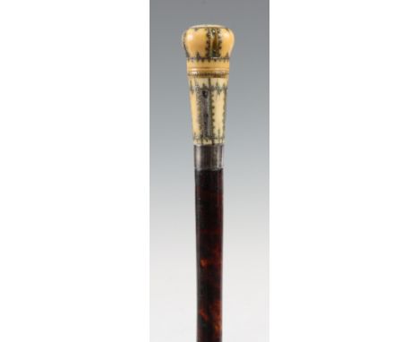 A RARE LATE 17th CENTURY IVORY PIQUE-WORK VINAIGRETTE HANDLED WALKING CANE the silver inlaid screw&nbsp;top with pierced hole