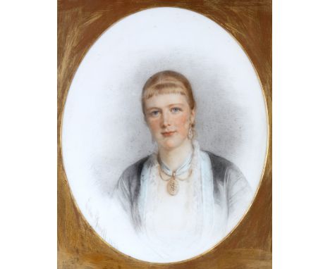 EDMUND HAVELL, 1819-1894 A 19th CENTURY PAINTING ON PORCELAIN PLAQUE, of an oval bust portrait of Mrs E V Prior, 50cm high 40