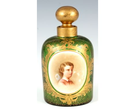 A 19TH CENTURY BOHEMIAN GILT GREEN GLASS CYLINDRICAL PERFUME BOTTLE with an oval portrait of a young boy; fitted with a circu
