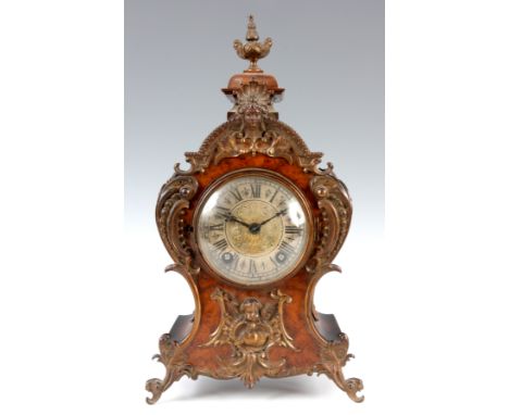 A LATE 19th CENTURY BURR WALNUT LENZKIRCH MANTEL CLOCK the balloon style case with ormolu mounts enclosing a 3.5" silvered di