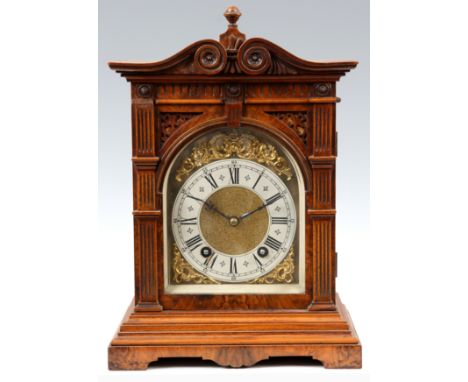 A LATE 19th CENTURY GERMAN BURR WALNUT LENZKIRCH QUARTER CHIMING BRACKET CLOCK the brass mounted case with pediment top enclo