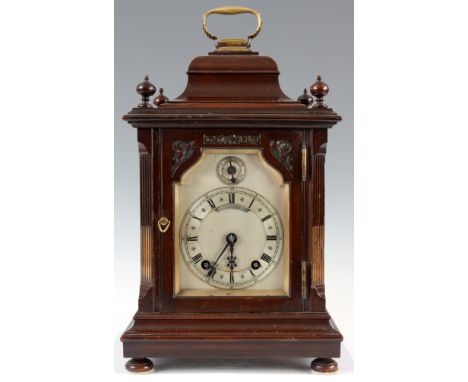 AN EARLY 20th CENTURY WINTERHALDER &amp; HOFMEIER QUARTER CHIMING BRACKET CLOCK the mahogany bell top case with brass carryin