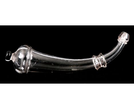 AN 18TH CENTURY CLEAR GLASS POWDER FLASK of tapering ring turned form 30cm across.