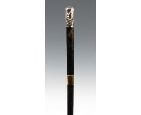 A LATE 19TH CENTURY EBONISED SWORD/SWAGGER STICK WITH SILVER POMEL having a four sectional steel blade with the coat of arms 