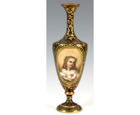 A 19TH CENTURY BOHEMIAN FLORAL GILT GREEN GLASS BULBOUS VASE with a hand painted oval portrait of a young girl 28cm high.