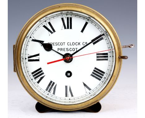 A LATE 19th CENTURY FUSEE SHIPS CLOCK in brass case with locking cast bezel enclosing a 17cm enamel dial with Roman numerals 