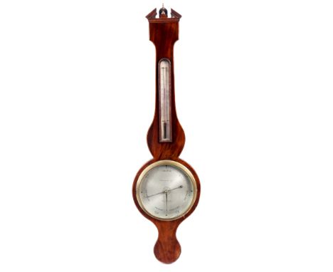 HITZMAN & CO, CAMBRIDGEA GEORGE III MAHOGANY BOXWOOD AND EBONY STRUNG WHEEL BAROMETER/THERMOMETER with architectural pediment