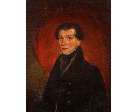EARLY 19th CENTURY OIL ON CANVAS Half-length portrait of a gentleman 17cm high 13cm wide - broad sloping gilt frame