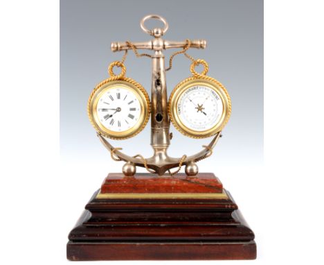 A LATE 19th CENTURY FRENCH INDUSTRIAL MANTEL CLOCK AND BAROMETER DESK CLOCK in the form of an anchor with entwined gilt rope 