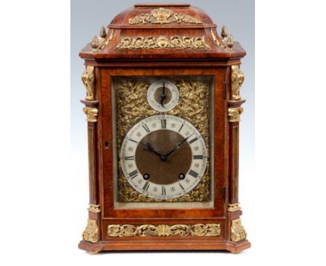 A LATE 19th CENTURY BURR WALNUT LENZKIRCH QUARTER CHIMING BRACKET CLOCK the case with applied ormolu mounts and four canted r