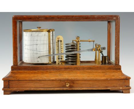 AN EARLY 20th CENTURY OAK CASED BAROGRAPH having glazed lift off lid on plinth base with chart drawer enclosing an eight day 