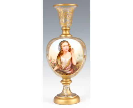 A 19TH CENTURY BOHEMIAN GILT AND CLEAR GLASS VASE with a circular hand painted portrait of a young lady 29.5cm high.