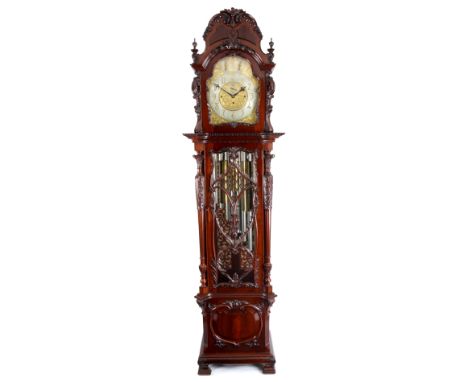 MAPPIN & WEBB, LONDON AN EXCEPTIONAL ART NOUVEAU STYLE QUARTER CHIMING LONGCASE CLOCK the mahogany case with carved pediment 