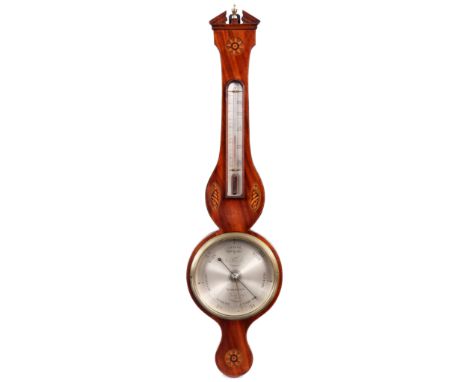 A TACCHI, BEDFORDA GEORGE III MAHOGANY BOXWOOD AND EBONY STRUNG SHELL INLAID BAROMETER/THERMOMETER with architectural pedimen