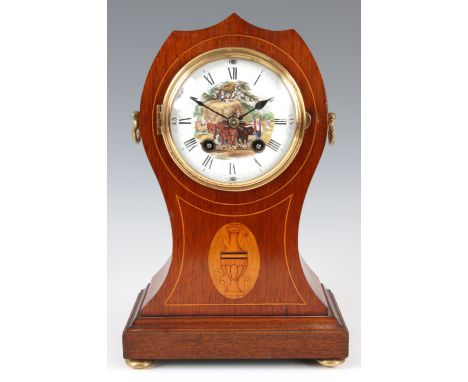 AN EARLY 20th CENTURY AMERICAN BALLOON SHAPED MANTEL CLOCK the mahogany case with boxwood and ebony inlaid decoration enclosi