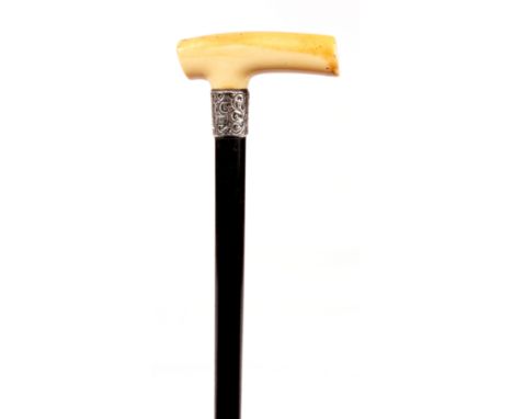 A LATE 19th CENTURY IVORY HANDLED WALKING CANE on ebonized stick having silver collar with chased scrollwork decoration 86cm 