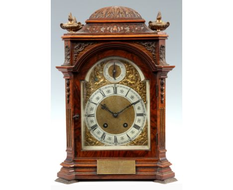 A LATE 19th CENTURY BURR WALNUT LENZKIRCH CHIMING BRACKET CLOCK the case with scroll top pediment above a glazed front door w