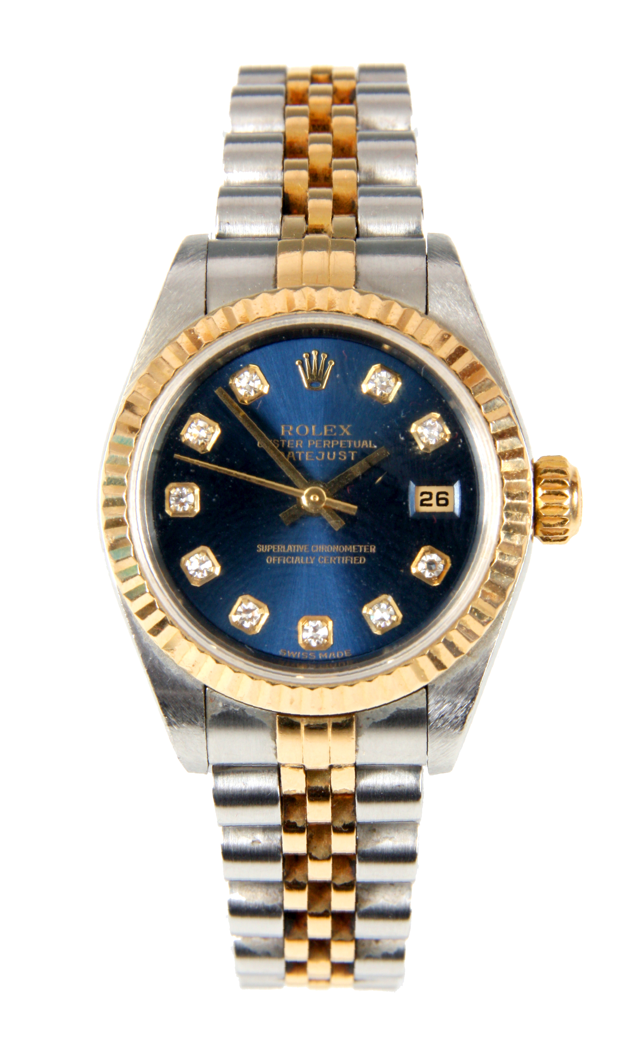 A LADIES 18CT GOLD AND STEEL DIAMOND SET ROLEX OYSTER PERPETUAL