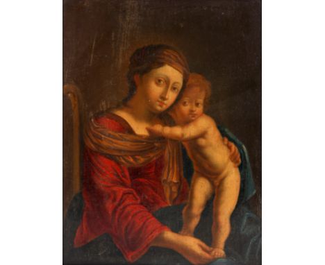 A 17th/18th CENTURY OIL ON OAK PANEL PORTRAIT OF MOTHER AND CHILD  22.5cm high 16cm wide - signed to verso in moulded gilt fr