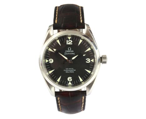 A GENTLEMAN'S STEEL OMEGA RAILMASTER WRIST WATCH on original crocodile strap and deployment&nbsp;buckle, the polished steel b