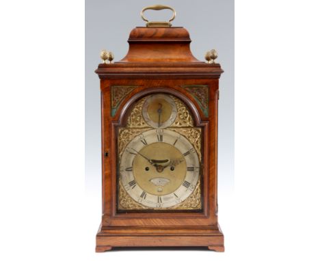 WILLIAM MASON, LONDONA GEORGE III FIGURED MAHOGANY BRACKET CLOCK the bell top case with pineapple finials and brass carrying 