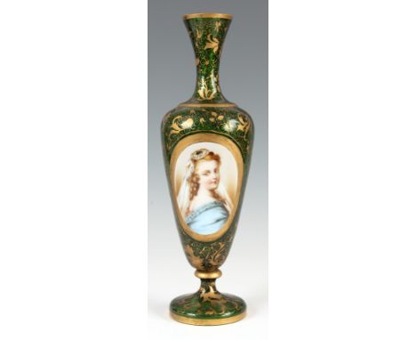 A 19TH CENTURY BOHEMIAN FLORAL GILT GREEN GLASS SLENDER VASE with a hand-painted portrait of a young lady 31.5cm high.
