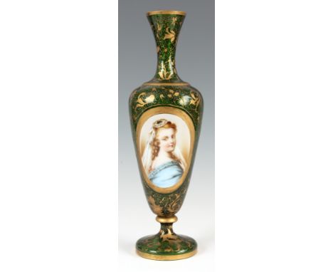 A 19TH CENTURY BOHEMIAN FLORAL GILT GREEN GLASS SLENDER VASE with a hand-painted portrait of a young lady 31.5cm high.