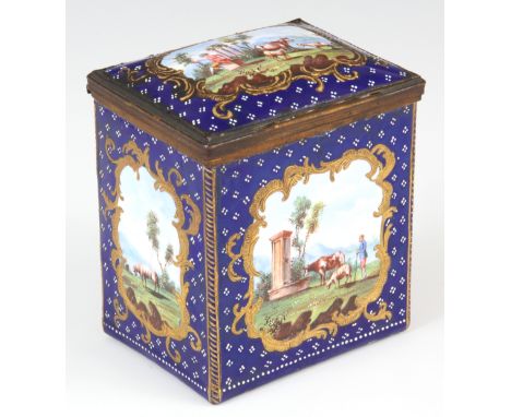 A LATE 19TH CENTURY CONTINENTAL SEVRES STYLE CASKET decorated in royal blue enamel painted with country scenes 9cm wide 7cm d