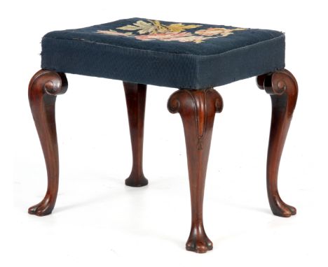 A GEO II MAHOGANY STOOL with c scrolled cabriole legs carved with tassel decoration and paw shaped feet; upholstered with a b