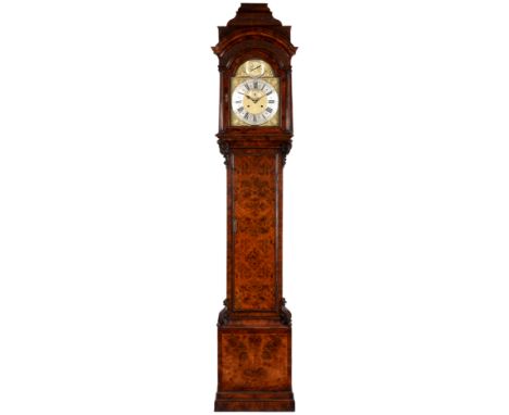 JOSEPH WINDMILLS, LONDON AN EARLY 18th CENTURY BURR WALNUT MONTH DURATION LONGCASE CLOCK the hood with caddy top pediment abo