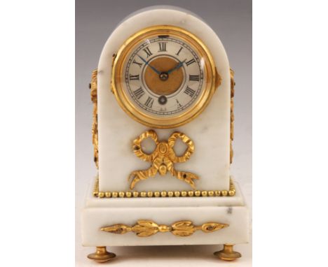 A 19TH CENTURY SMALL ARCH-TOP WHITE MARBLE AND CAST GILT BRASS MOUNTED FRENCH MANTEL CLOCK with stepped base and turned feet,