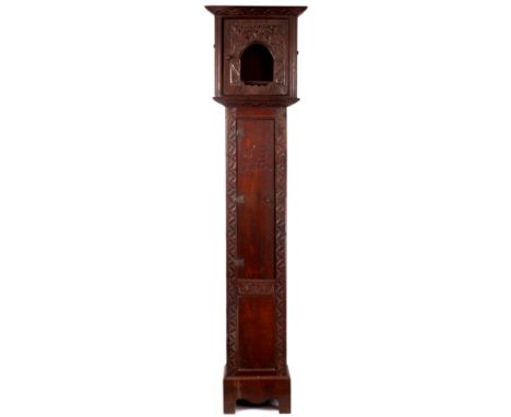 A RARE QUEEN ANNE OAK LANTERN CLOCK CASE the hood with decorated carved mouldings above hinged doors to front and sides with 