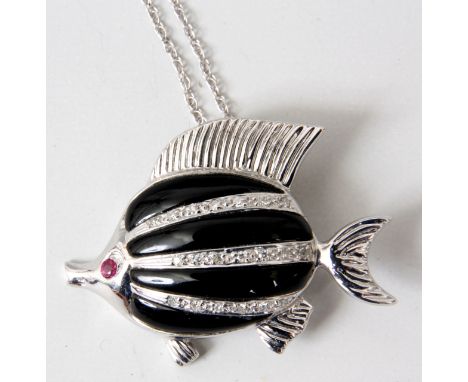 AN 18CT WHITE GOLD DIAMOND ENCRUSTED PENDANT ON CHAIN FORMED AS A FISH with black enamel body and a ruby eye.